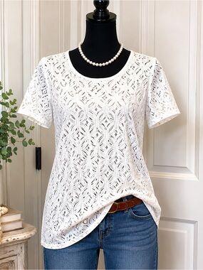 Market & Spruce Crochet Lace Overlay Top White Short Sleeve Boho Blouse NWT